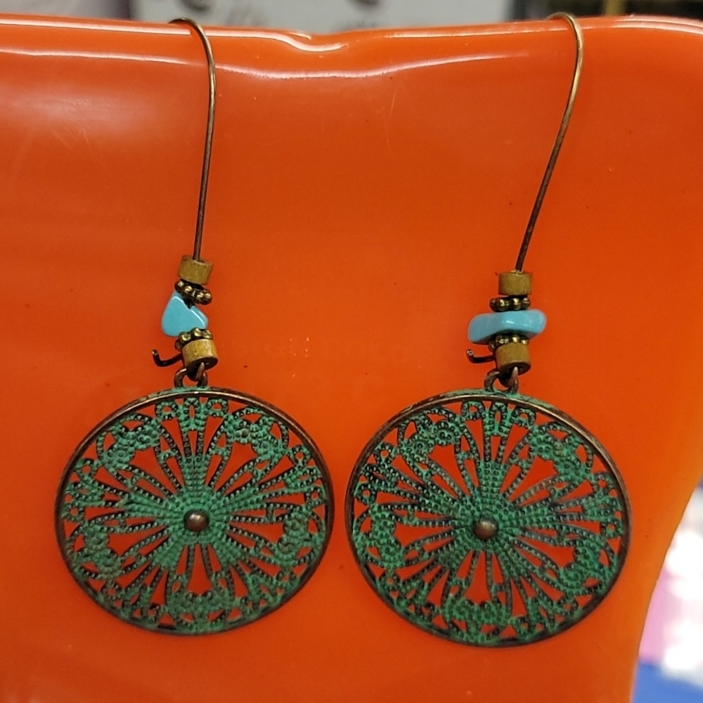 Antique Gold Tone Beaded Turquoise Earrings